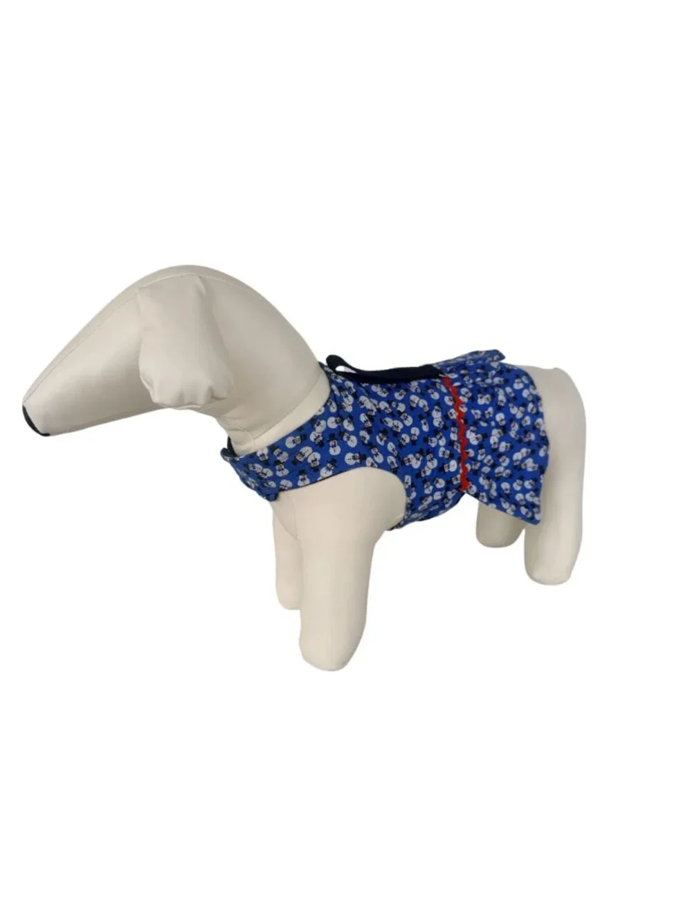 Handmade Small Dog Adjustable Dress Outfit w Harness Blue Snowman Ruffle Trim